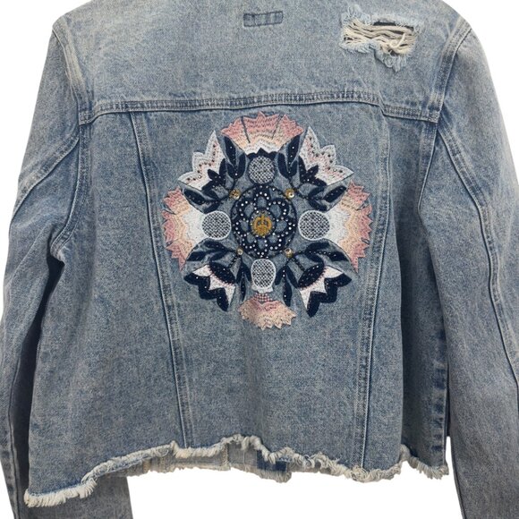 Bebe Distressed Denim Jacket W/ Embroidered Mandala Design & Raw Hem - Womens XL - Picture 15 of 15
